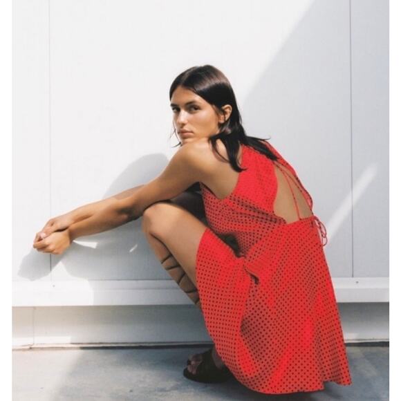 Zara Dresses & Skirts - ZARA Polka Dot Red Open Crossover Back Mini Cocktail Satin Dress Preppy Summer